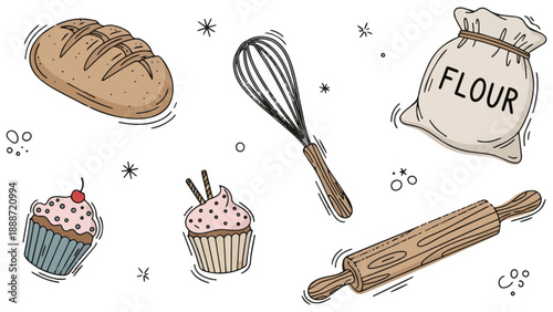 Hand Drawn Doodle Bakery Objects – Bread, Whisk, Cupcake Flat Vector Set
