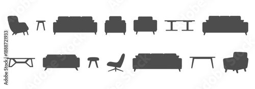 Architectural Drawings Modern furniture section view silhouette, furniture elements including chairs sofas tables and armchairs vector illustration, Top view, human person Minimal style hand drawn