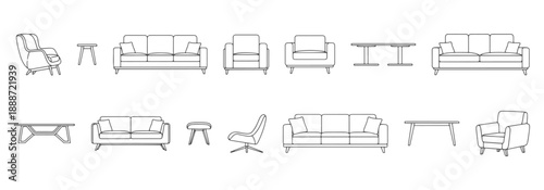 Architectural Drawings Modern furniture section view, furniture elements including chairs sofas tables and armchairs vector illustration, Top view, human person Minimal style hand drawn