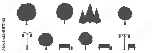 Architectural Drawings Park elements silhouette including trees shrubs benches and street lamps vector illustration, Top view, human person Minimal style hand drawn