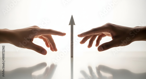 Diverse hands reaching for an upward arrow symbol representing collaboration goal achievement growth and future direction on a white background.