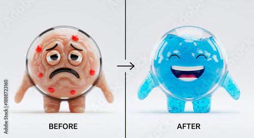 Sad, pimply character transforms into happy, hydrated blue blob