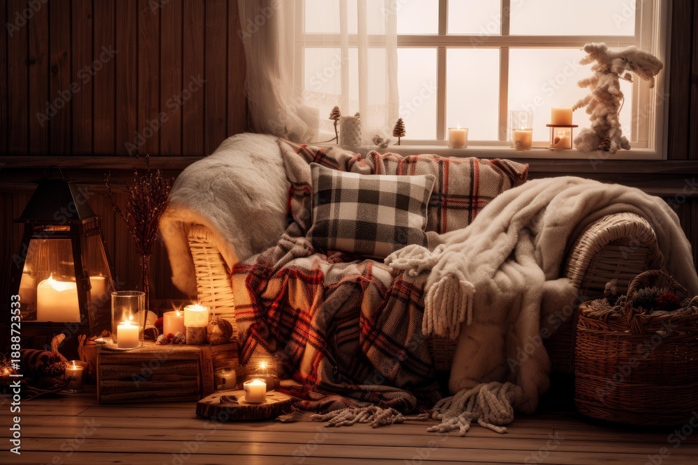 Fototapeta premium Armchair filled with cozy blankets and pillows next to a window with lit candles