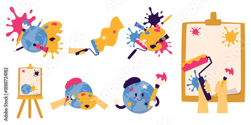 Set of world art day illustration. Art and creativity stuff, paint, artist, brush, canvas, color palette for poster, flyer, card, web banner. Vector isolated.