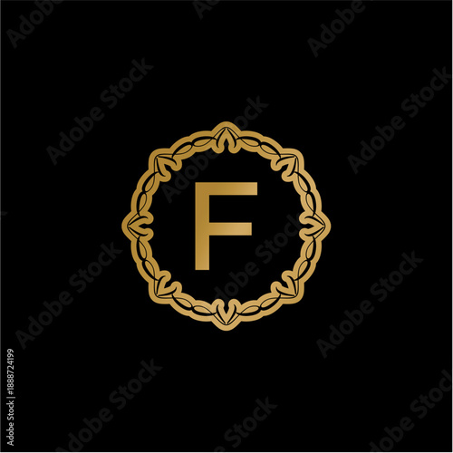 Elegant Golden Letter F Monogram Logo Design with Ornate Circular Frame and Black Background