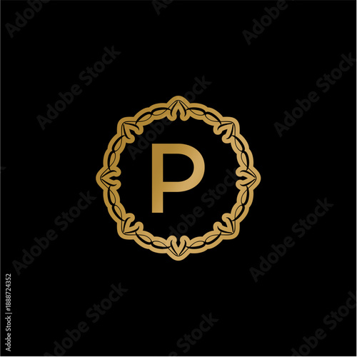 Elegant gold initial letter P within a decorative circular frame on a black background, luxury branding