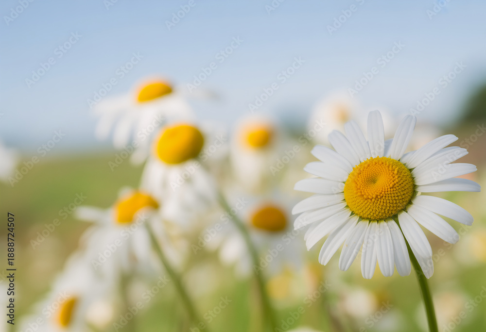 Fototapeta premium Close up of white daisy flowers with yellow centers in a field