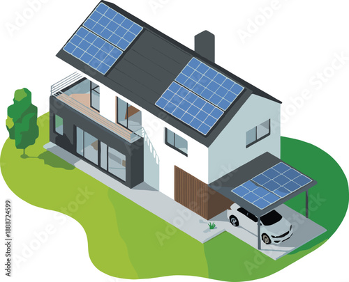 Modern two-story house with rooftop solar panels and carport, showcasing sustainable architecture, eco-friendly energy solutions, and suburban residential green living environment.