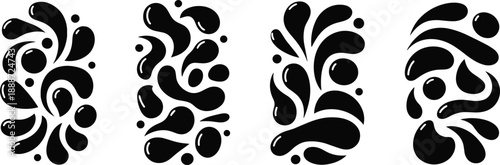 Set of four abstract black decorative shapes with teardrop and circular elements, ideal for graphic design, textile patterns, and ornamental motifs.