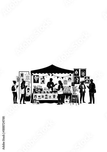 Independent Publisher Zine Stall Silhouette, DIY Art Market Vendor, Creative Community and Small Press Literature Vector