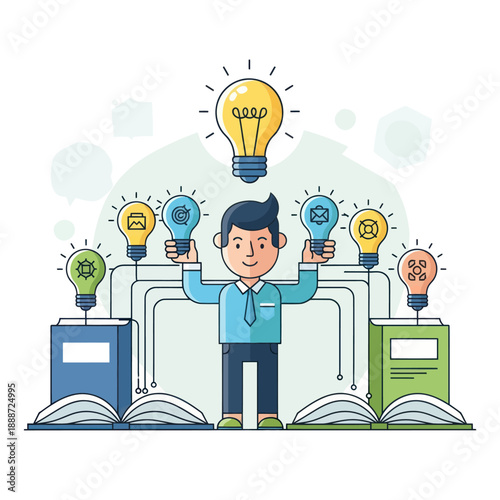 Man Surrounded by Creative Ideas and Lightbulbs.