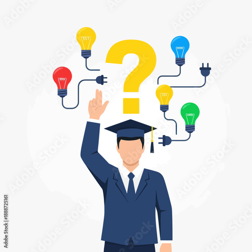 Graduate with Light Bulbs and Question Mark.