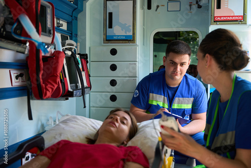Fotografi Emergency medical professionals treating female patient in ambulance
