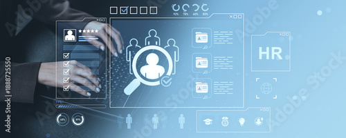Foto Human resources digital interface with job search and recruitment concept on abstract blue background showing vacancy selection process by HR professional