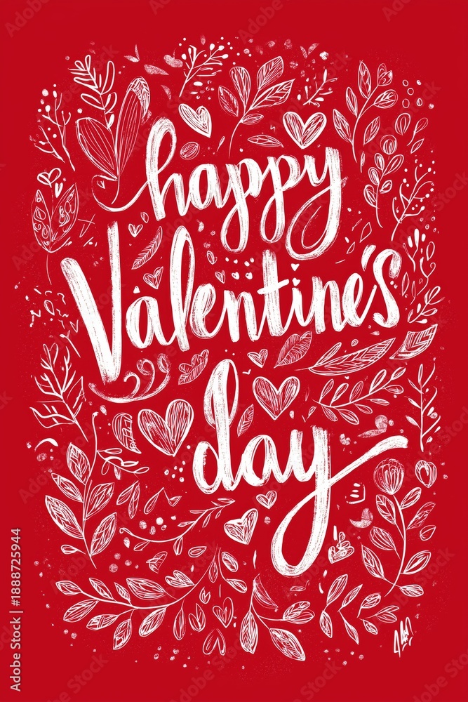 Naklejka premium Happy Valentine's Day calligraphy lettering on red background. Calligraphy Happy Valentine's Day lettering on a red background with hearts and leaves