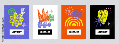 Crayon doodle grunge bold shapes, banner set. Modern childish hand drawn naive scribble elements. Vector poster design collection