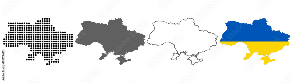 Obraz premium Ukraine map set with dotted solid outline and flag style vector illustration