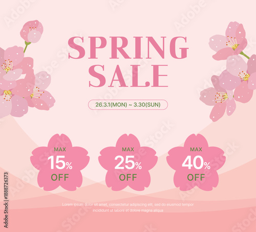 Spring sale banner with pink cherry blossoms and discount icons. Floral vector background suitable for spring seasonal promotions, discount special offers, and retail marketing posters.