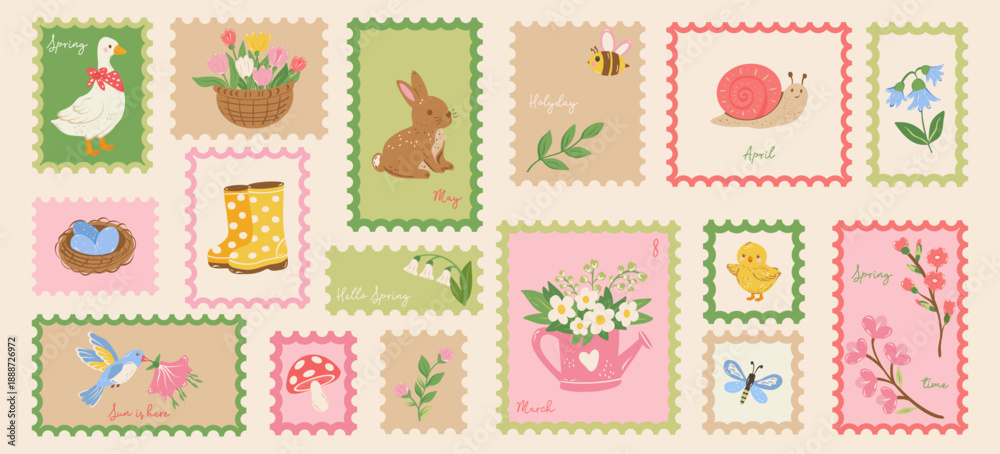 Fototapeta premium Hand drawn post stamps spring cute elements doodle sketch art. Holiday stickers for poster, placard or postcard prints. Vector flat illustration. 