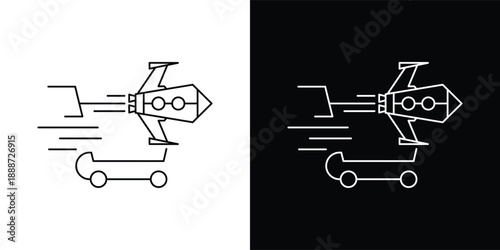 This silhouette icon illustrates a shopping cart combined with a horizontally positioned rocket, emphasizing extreme speed, instant movement, and efficiency in the shopping or checkout process