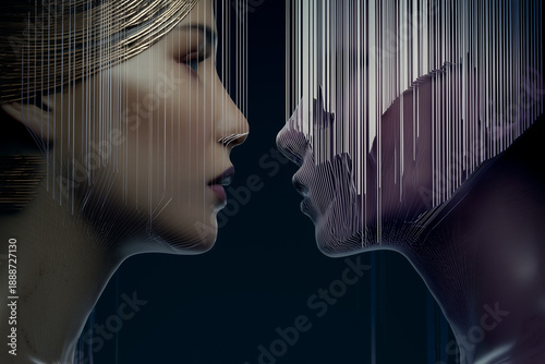 Digital Identity Woman Facing Her Digital Copy