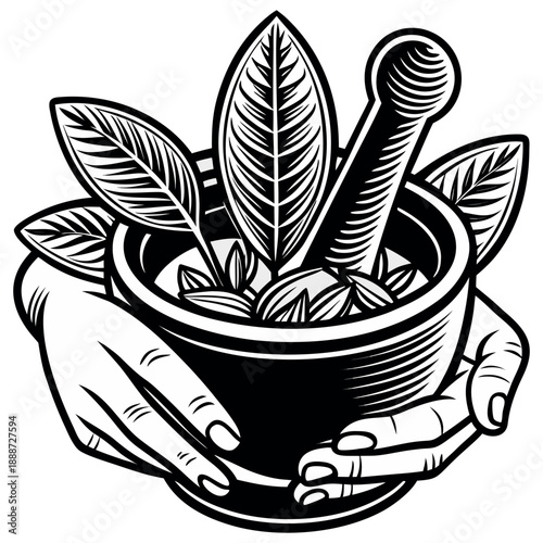 Vintage Hand Engraved Illustration of Mortar and Pestle with Medicinal Herbs