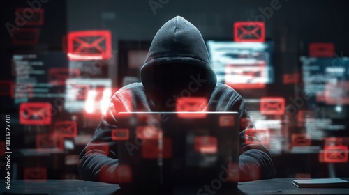 A hooded figure focused on a laptop, surrounded by digital email notifications, embodying themes of cybercrime and anonymity.