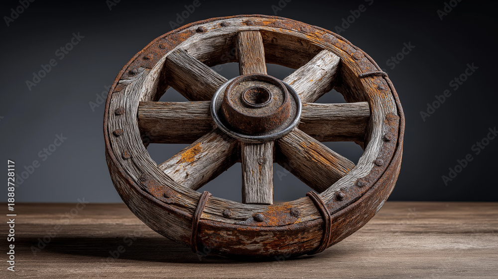 Obraz premium oxcart. A weathered wooden oxcart wheel displayed in museum lighting, showing wood grain. real-estate listings, architecture portfolios, designed for interior renovation comparisons for interiors.