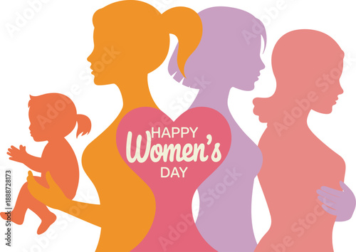 Women’s Day illustration, colorful silhouettes across life stages, heart design, pink background, empowerment vector art, celebration of womanhoodWomen’s Day illustration,