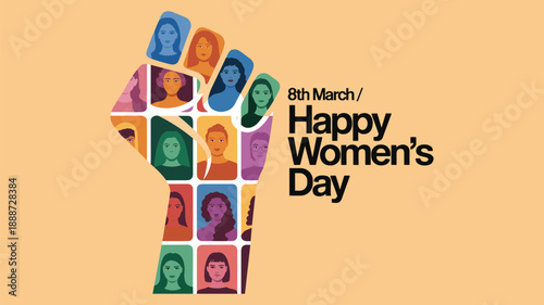 Women’s Day illustration, raised fist with diverse female portraits, peach background, empowerment vector art, March 8 celebration design