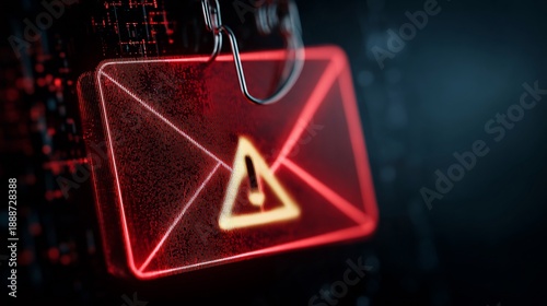 A stylized digital rendering of a warning email icon, illuminated in red, symbolizing cybersecurity threats and phishing scams.