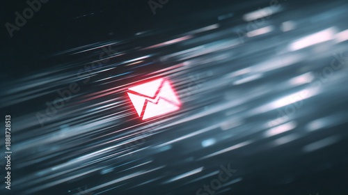 Abstract representation of digital communication featuring an illuminated red envelope symbol.