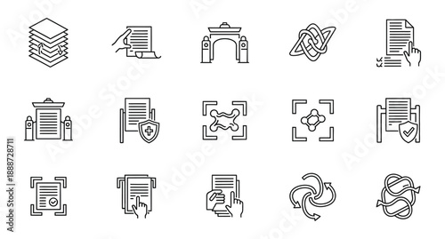 Collection of black line icons for documents, security, and processes on a transparent background