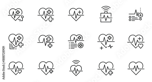 Medical heart rate line icons set for healthcare monitoring and cardiology data analysis