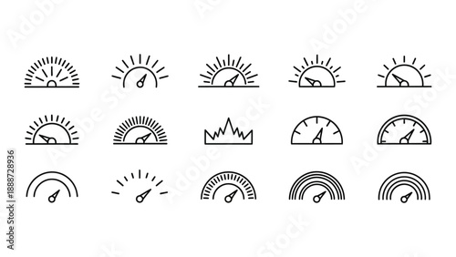 Collection of abstract line icons representing dashboard gauges, speedometers, and progress indicators