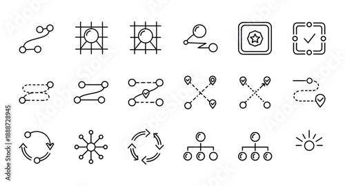 Connection paths and organizational hierarchy flowchart line icons
