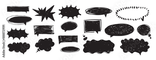 Hand drawn speech bubble shapes set with empty text areas. Black ink doodle dialog bubbles, thought clouds and starburst labels. Sketch marker illustration collection isolated on white background