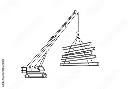 Outline Illustration of a Crane Lifting Steel Beams on a Construction Site