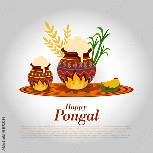 A colorful illustration of traditional Pongal clay pots boiling over on open fires, decorated with patterns and surrounded by rice stalks, sugarcane, and bananas, symbolizing abundance and harvest joy