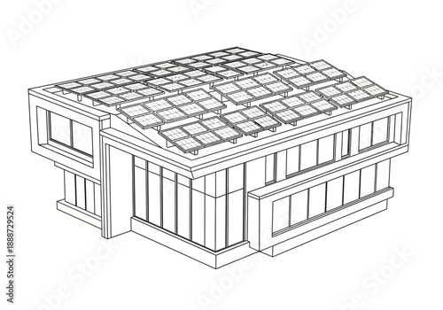 Modern Building with Solar Panels on Roof, Line Art Style