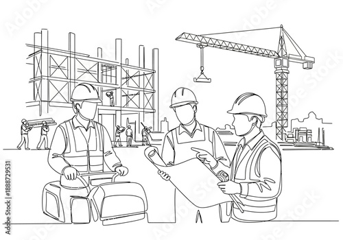 Construction Workers Reviewing Blueprint at Building Site Outline