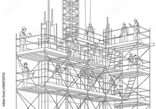 Construction Workers on Scaffolding Outline Illustration