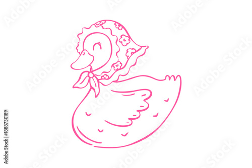 Spring goose clipart cute baby duckling wearing a bonnet, simple line art drawing in pink outline