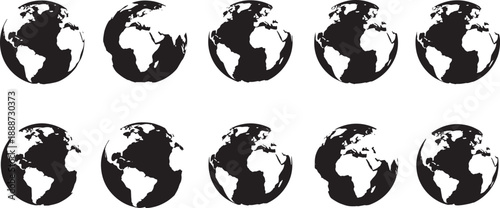 A captivating sequence of black and white globe illustrations depicting the Earth's rotation, symbolizing global movement, interconnectedness, and dynamic progress across continents and oceans