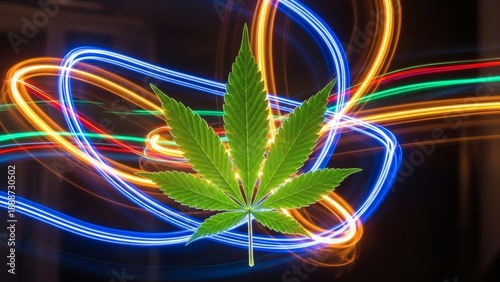 Cannabis Leaf Surrounded by Neon Lights.
