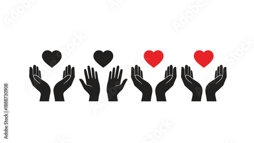 Row of open cupped hands holding black and red hearts illustrating donation and caring concepts