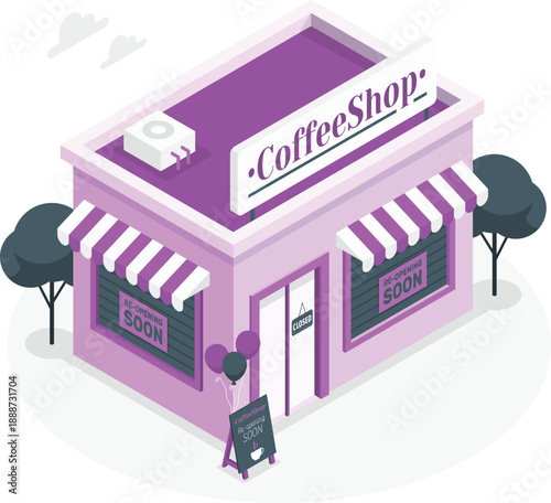 Isometric illustration of a Coffee Shop building with awnings and signage from an aerial viewpoint