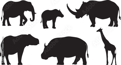 A striking black silhouette of an elephant stands against a white background