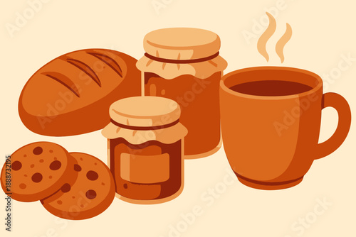 Breakfast Still Life with Bread, Jam, Cookies, and Coffee.