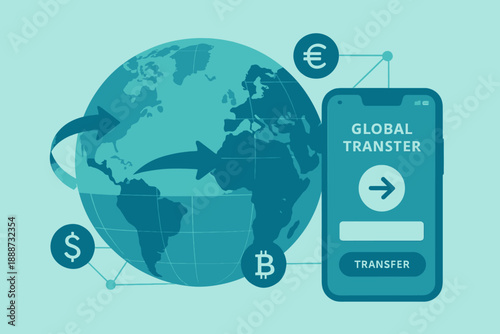 Global Money Transfer with Mobile App and Currency Symbols.
